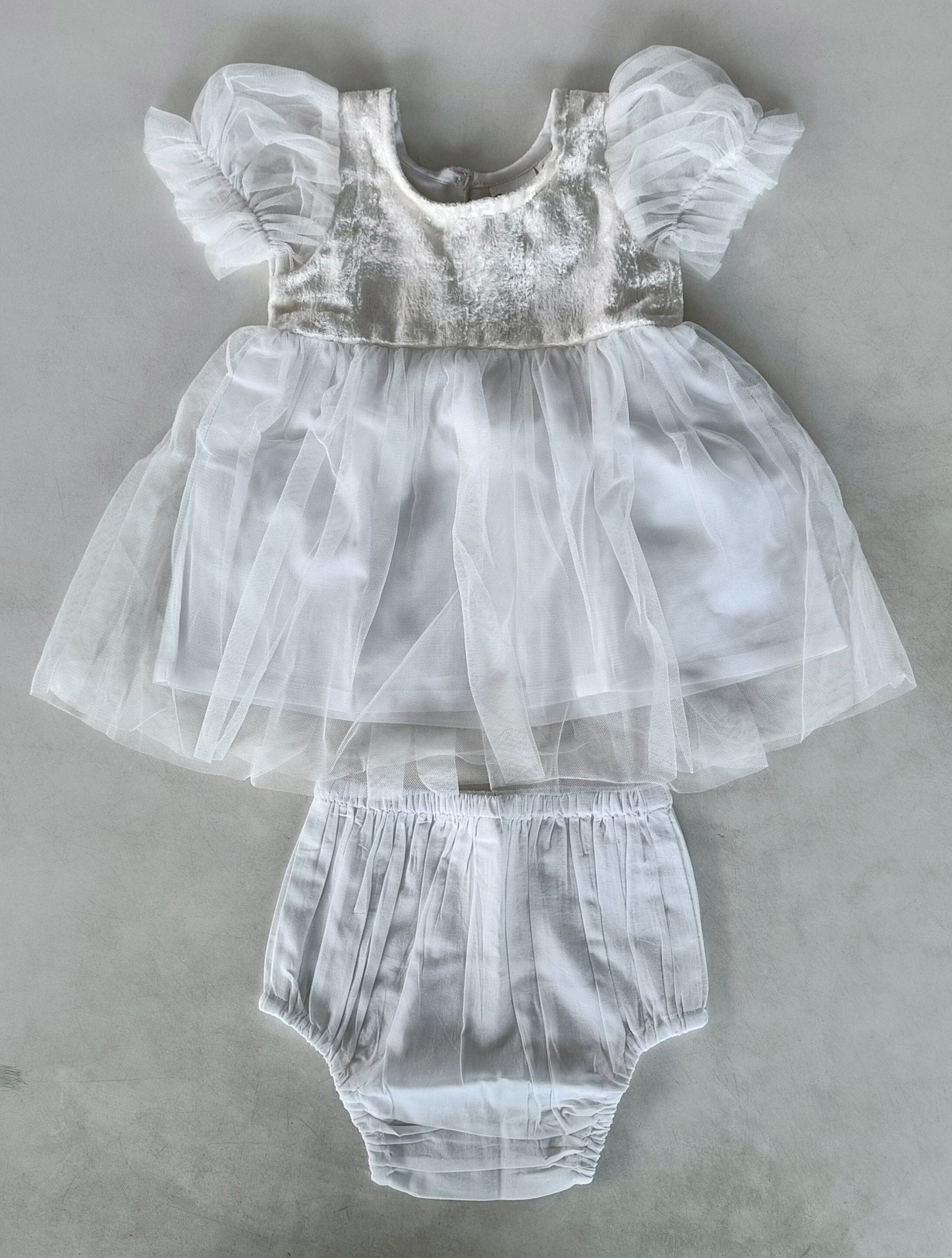 White Tulle Solid Color Puff Sleeves Gathered Dress dress & diaper cover DRESS Yo Baby India 