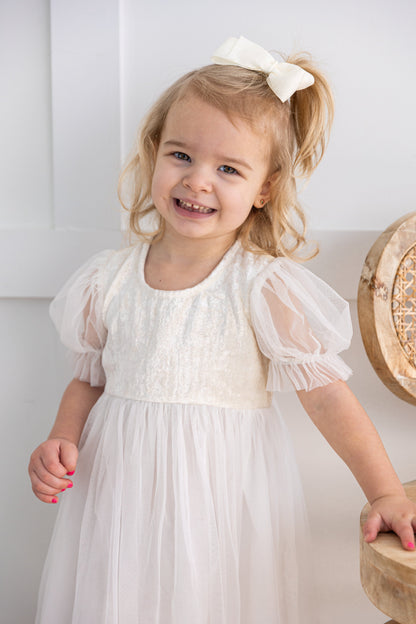 White Tulle Solid Color Puff Sleeves Gathered Dress dress & diaper cover DRESS Yo Baby India 