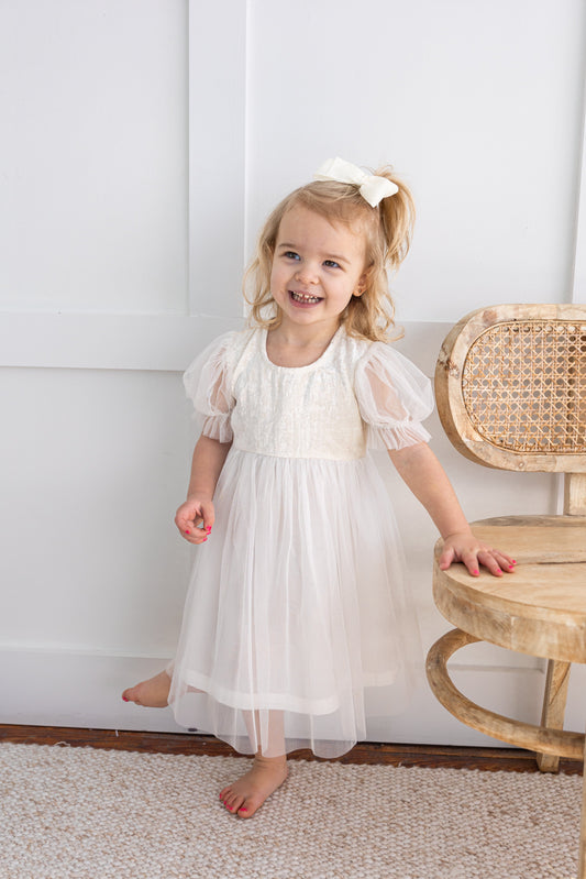 White Tulle Solid Color Puff Sleeves Gathered Dress dress & diaper cover DRESS Yo Baby India 