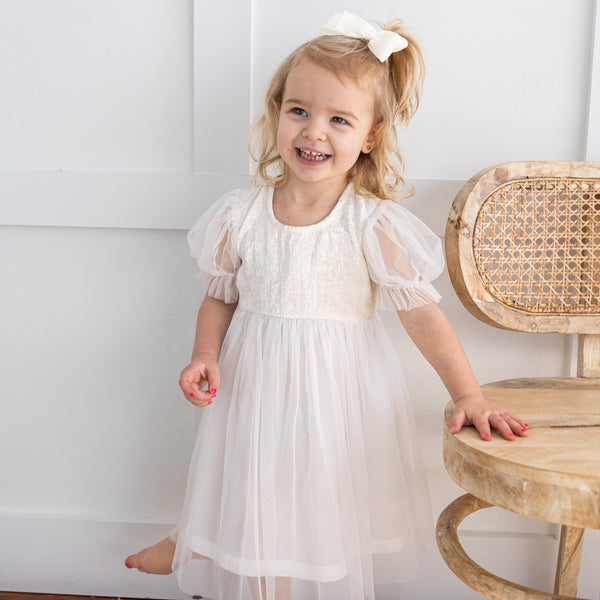 White Tulle & Velvet Puff Sleeves Gathered Dress – Elegant Party Dress for Babies, Toddlers & Girls