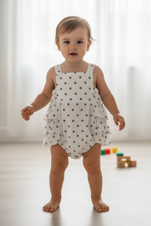 Blue Polka Dot Print Ruffled Romper