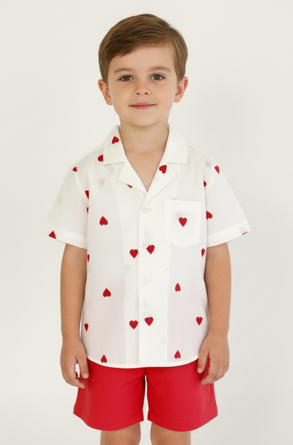 Boys Heart-Embroidered Cotton Bowling Shirt & Shorts Set – Infant & Toddler Outfit