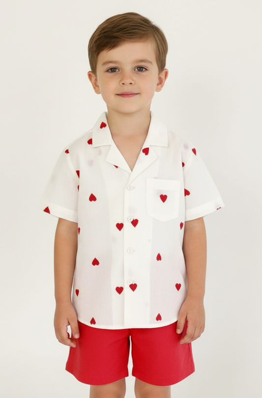 Boys Heart-Embroidered Cotton Bowling Shirt & Shorts Set