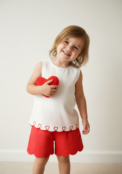 Heart Embroidered Top & Scalloped Shorts Set