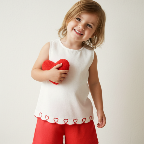 Heart Embroidered Top & Scalloped Shorts Set – Infant & Toddler Girls Outfit with Matching Bloomer