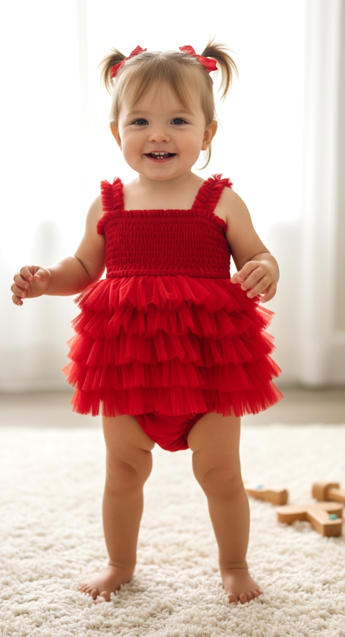 Red Tulle Solid Color Tiered Ruffle Dress