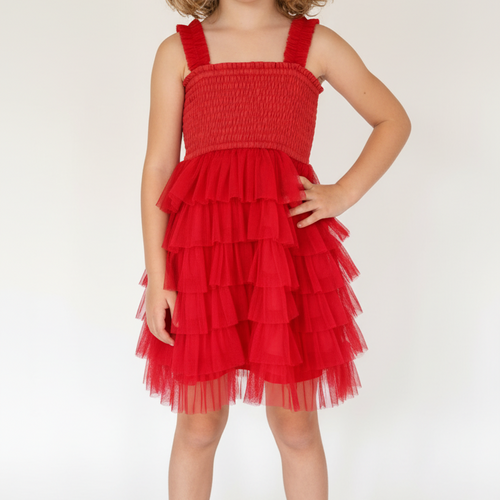 Red Tulle Tiered Ruffle Dress – Infant & Toddler Girls Outfit with Matching Bloomer