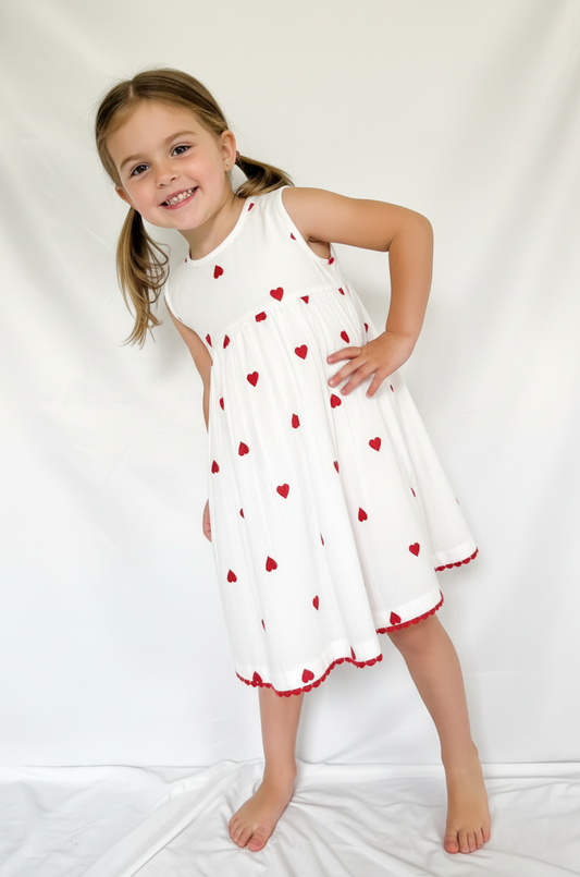 Heart-Embroidered Cotton Dress