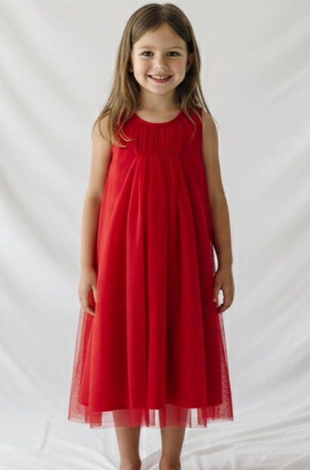 Red Tulle Dress with Ruffle Neck