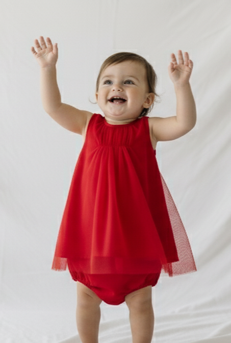 Red Tulle Dress with Ruffle Neck
