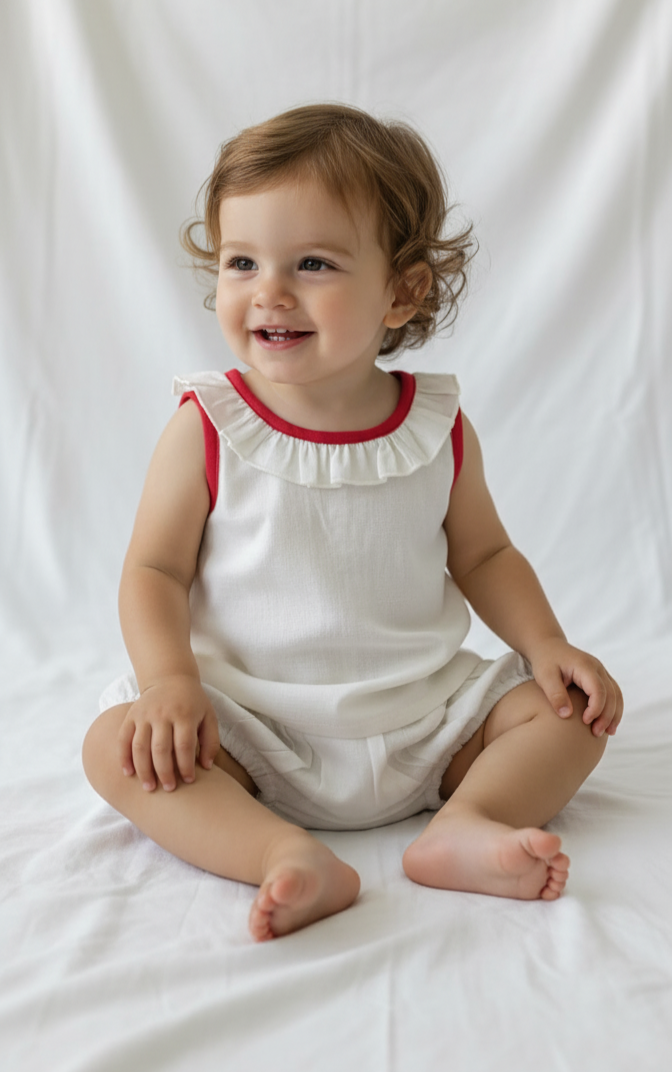 White Ruffled-Neck Top & Bow Diaper Cover