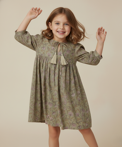 Sage-Green Floral Printed Sleeve Gathered Dress