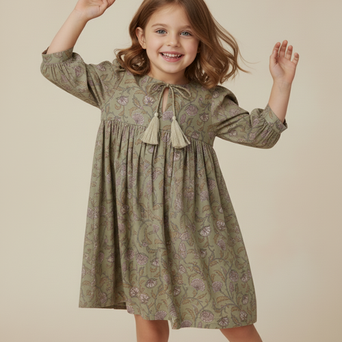 Sage-Green Floral Printed Sleeve Gathered Dress for Infants – 100% Cotton with Bloomer