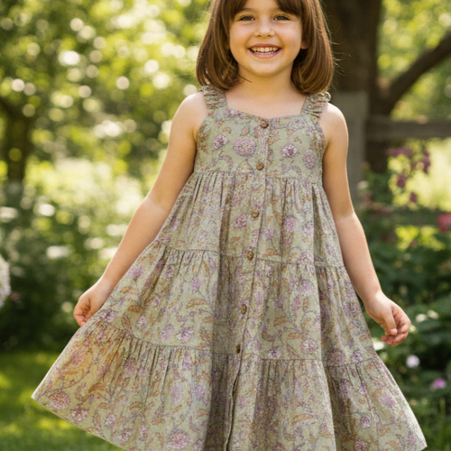 Inara Tiered Dress in Sage for Infant, Toddler & Tween – 100% Cotton with Frilled Shoulder Straps
