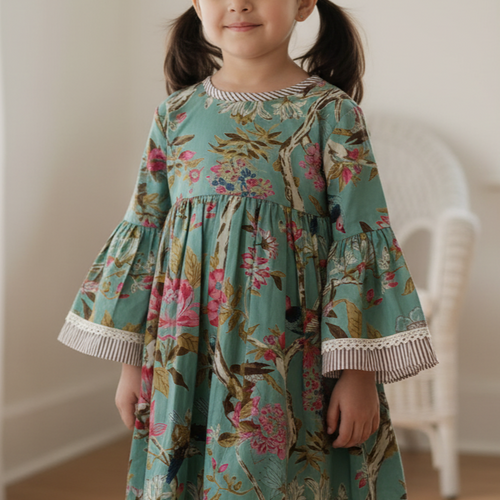 Bella Dress in Sage for Infant, Toddler & Tween – 100% Cotton with Bell Sleeves and Lace