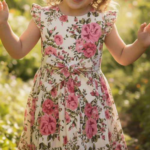 Rosa Dress in White for Infant, Toddler & Tween Girls – 100% Cotton with Back Tie Strap Belt & Included Bloomers