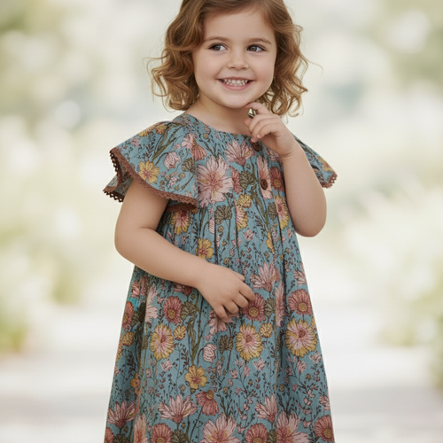 Samsara Dress in Blue for Infant, Toddler & Tween Girls – 100% Cotton Lace-Edged Circle Sleeves & Box Pleats