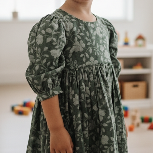 Emma Dress in Sage for Infants, Toddlers & Tweens – 100% Cotton Full Skirt Dress with Gathered Sleeves and Bloomer