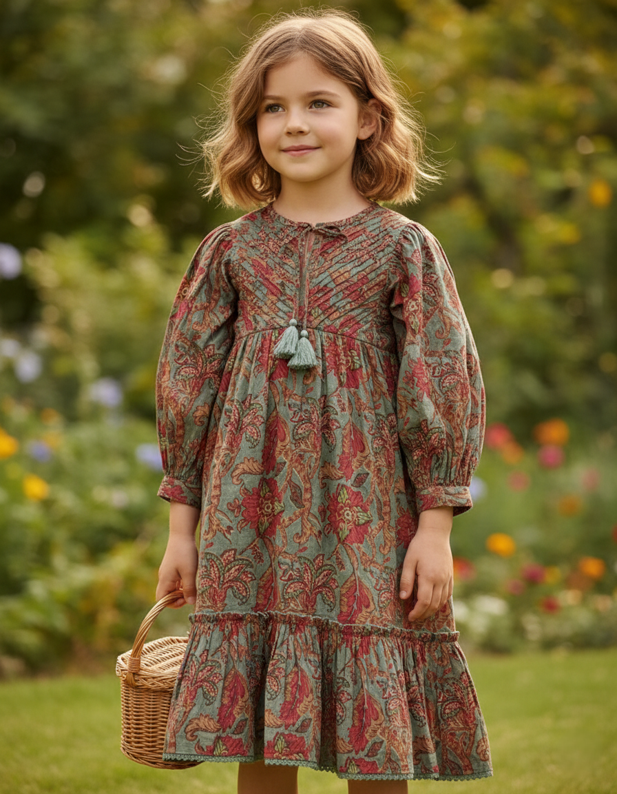 Mary Dress for Infants, Toddlers & Tweens – Sage Cotton Dress with Lace Frill and Tassel Tie – Mommy Matching Available