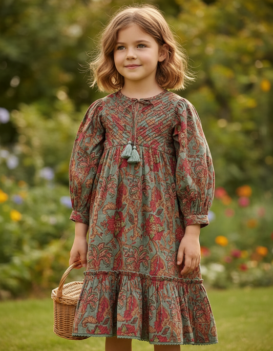Mary Dress for Infants, Toddlers & Tweens – Sage Cotton Dress with Lace Frill and Tassel Tie – Mommy Matching Available