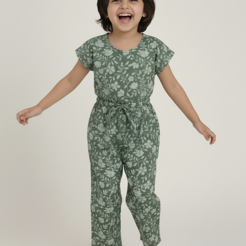 Fiona Jumpsuit – Sage, Toddler & Tween, Cotton, Drawstring Detail, Back Button Closure