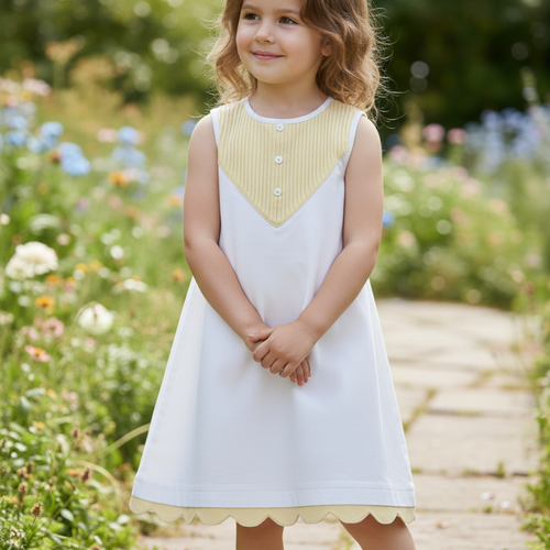 Yellow Eve Dress – Infant, Toddler & Tween, Cotton, Mother of Pearl Buttons, Bloomers Included