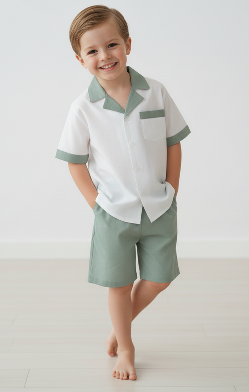 Sage Easter Egg Hunt Shorts & Shirt Set – Infant, Toddler & Tween, Cotton, Mother of Pearl Buttons