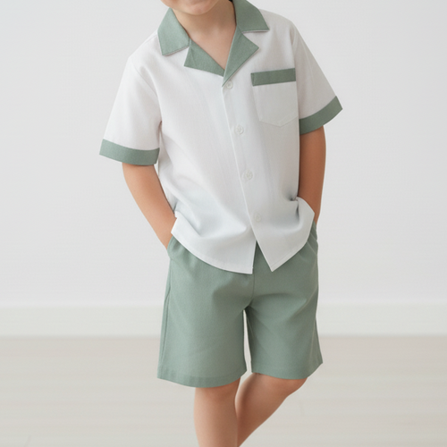 Sage Easter Egg Hunt Shorts & Shirt Set – Infant, Toddler & Tween, Cotton, Mother of Pearl Buttons