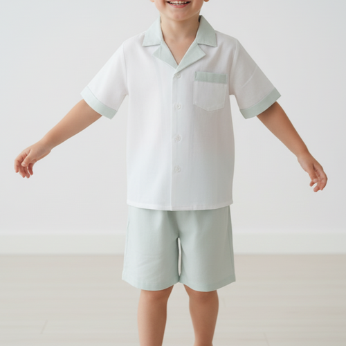 Powder Blue Easter Egg Hunt Shorts & Shirt Set – Infant, Toddler & Tween, Cotton, Mother of Pearl Buttons