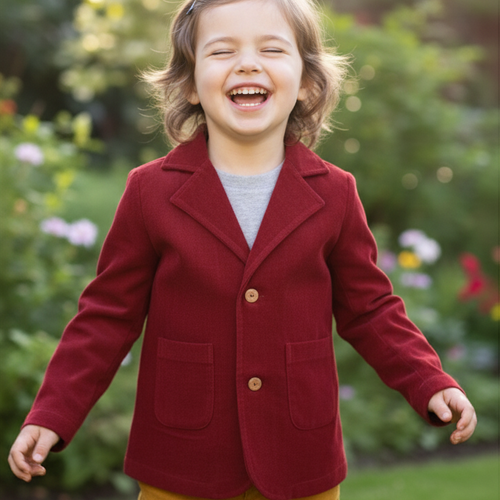 Maroon Corduroy Blazer for Toddlers & Tweens – Coconut Shell Buttons, Contrast Fabric Detail