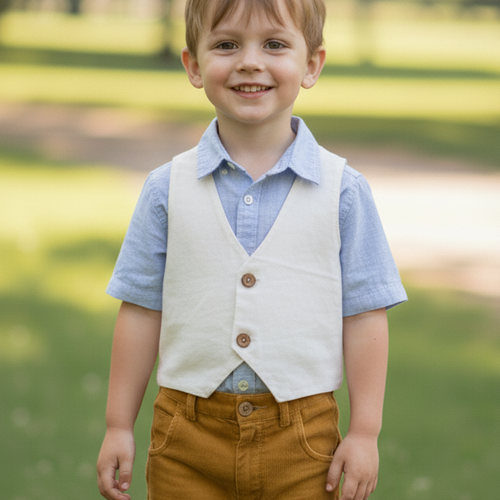 Off-White Corduroy Vest for Kids – Toddler & Tween, Unisex, 100% Cotton with Printed Stripe Lining