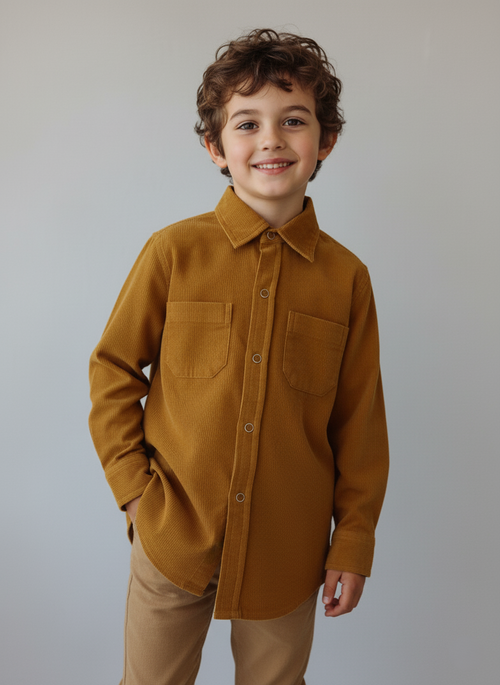 Mustard Corduroy Kids Shirt – Toddler & Tween, 100% Cotton, Metal Snap Buttons