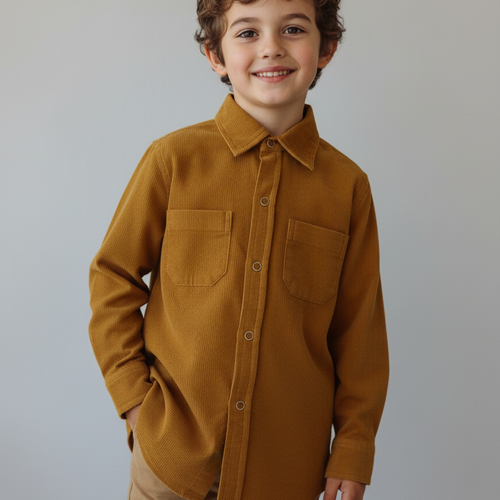 Mustard Corduroy Kids Shirt – Toddler & Tween, 100% Cotton, Metal Snap Buttons