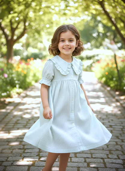 Striped Dress with Collar Soft Blue — Cotton Girls Dress | Infant to Tween 0-13 Years
