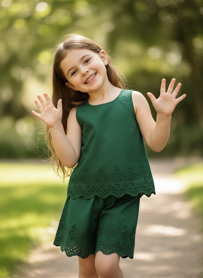 June Shorts and Top Set Forest Green — Cotton Girls Co-Ord | Infant to Tween 0-13 Years
