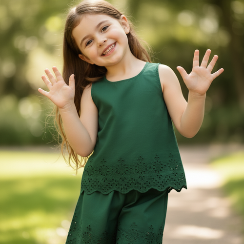 June Shorts and Top Set Forest Green — Cotton Girls Co-Ord | Infant to Tween 0-13 Years