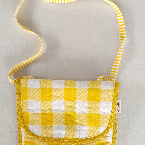 Kids' Yellow Checks & Stripe Cotton Small Tote Bag with Magnetic Closure & Lace Detailing – Cute Shoulder Sling for Girls