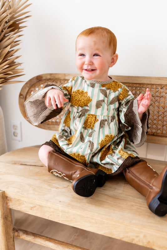 Yellow Floral Printed Bell Sleeves Gathered Dress dress & diaper cover DRESS Yo Baby India 