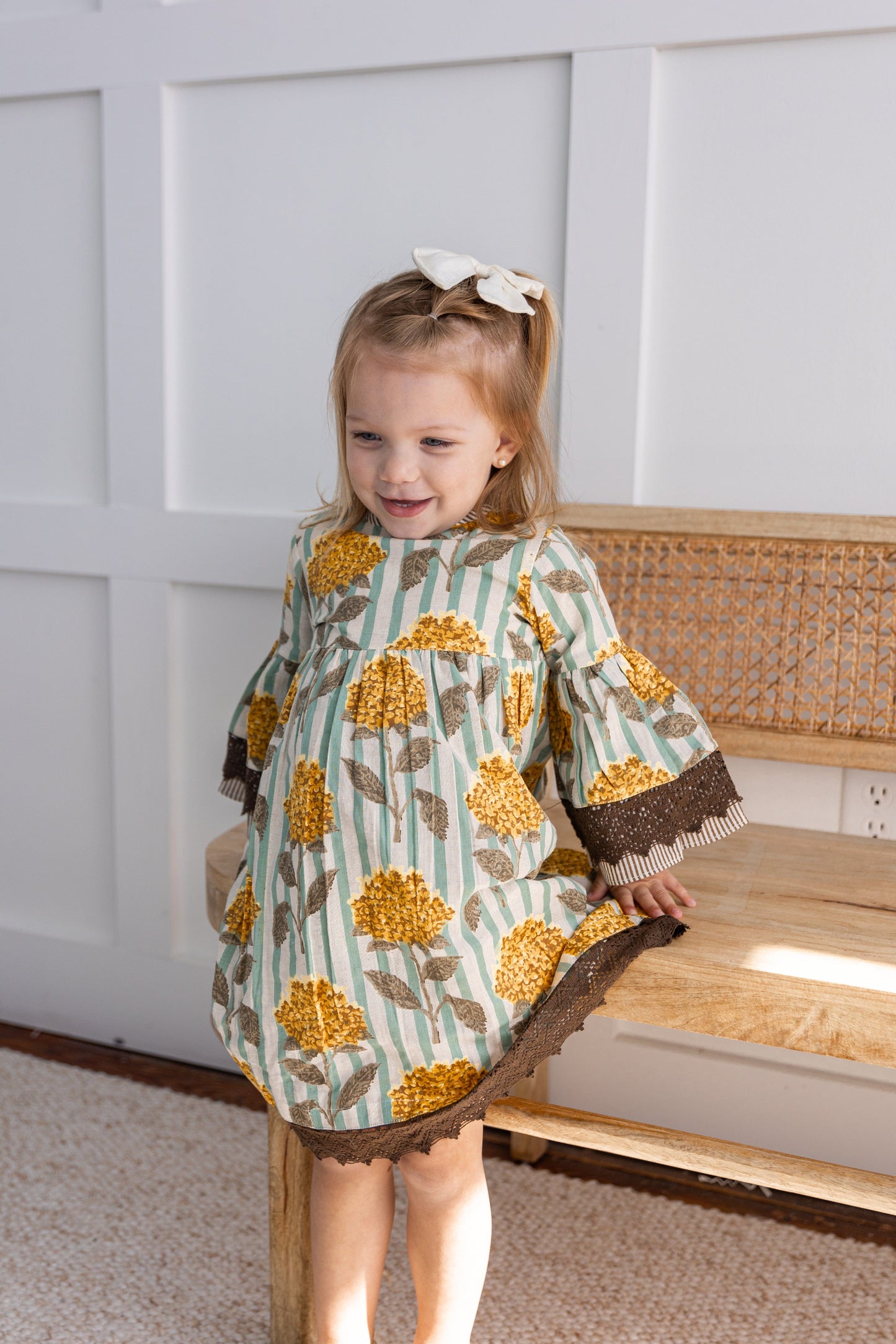 Yellow Floral Printed Bell Sleeves Gathered Dress dress & diaper cover DRESS Yo Baby India 