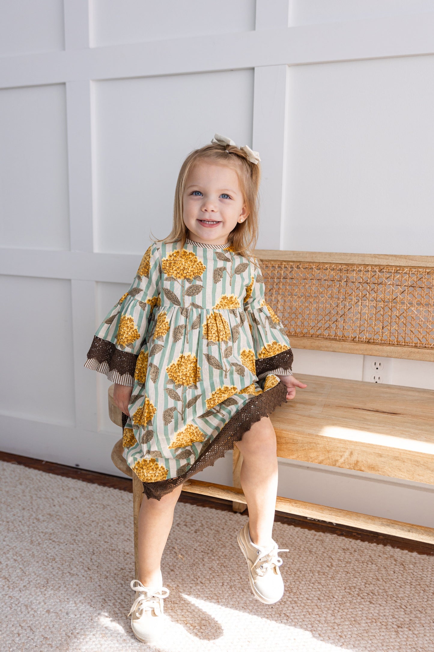 Yellow Floral Printed Bell Sleeves Gathered Dress dress & diaper cover DRESS Yo Baby India 