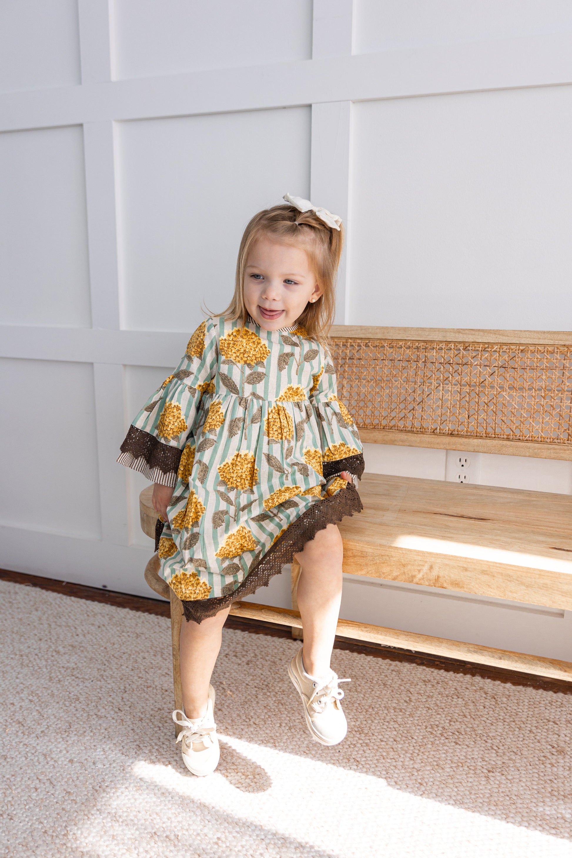 Yellow Floral Printed Bell Sleeves Gathered Dress dress & diaper cover DRESS Yo Baby India 