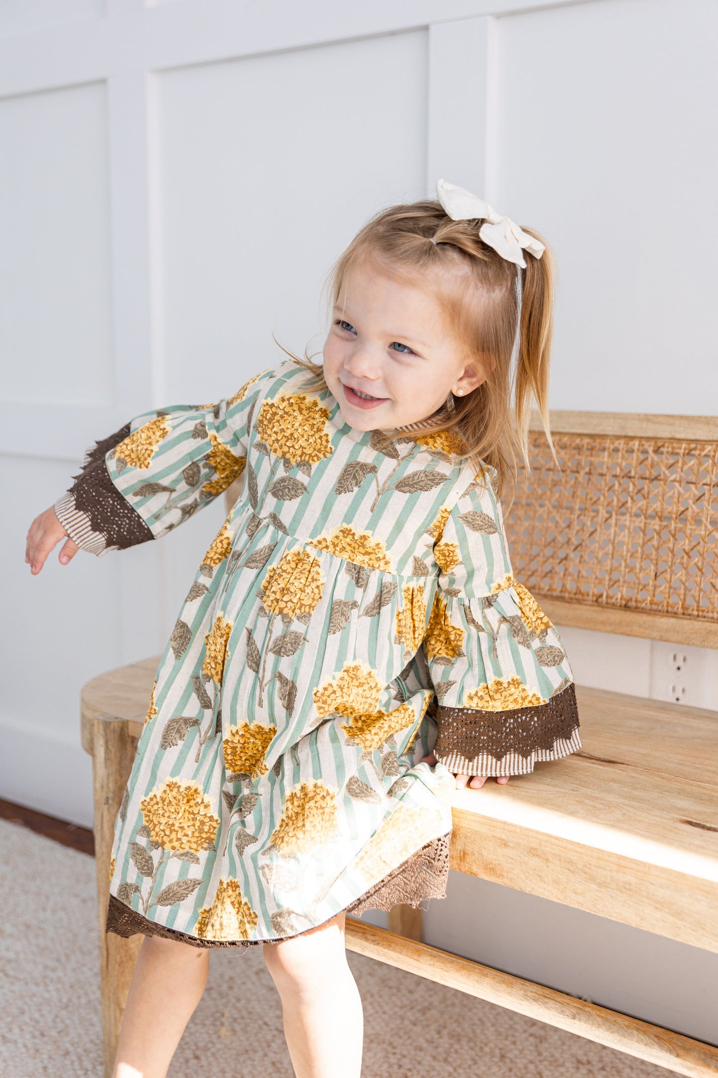 Yellow Floral Printed Bell Sleeves Gathered Dress dress & diaper cover DRESS Yo Baby India 