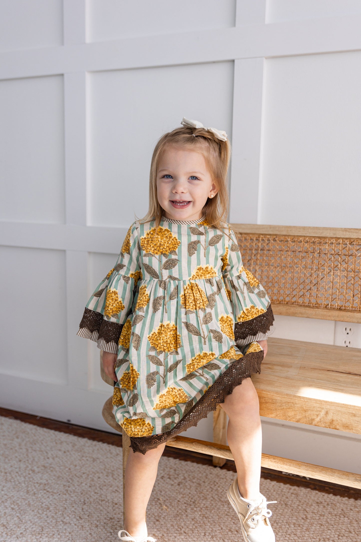 Yellow Floral Printed Bell Sleeves Gathered Dress dress & diaper cover DRESS Yo Baby India 