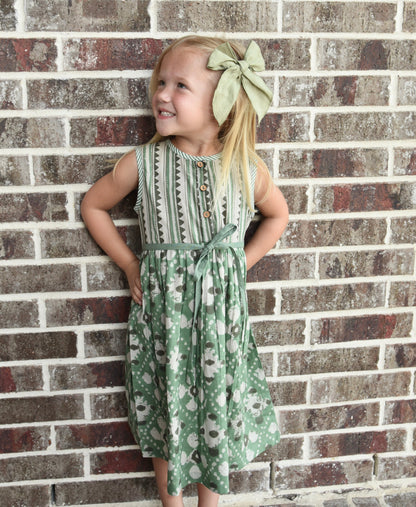 Abstract Green Printed Sleeveless Shift Dress With Drawstring Belt-Tie Dress Yo Baby Wholesale 