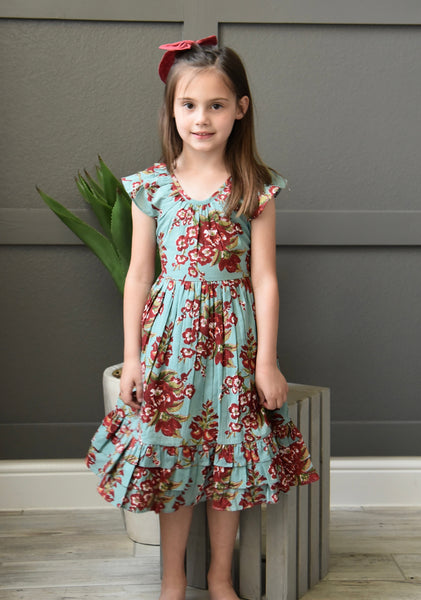 Aqua Printed Floral Ruffle Dress With Belt Dress Yo Baby Wholesale 