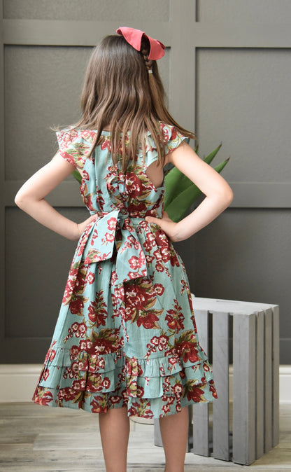 Aqua Printed Floral Ruffle Dress With Belt Dress Yo Baby Wholesale 