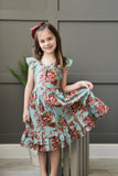 Aqua Printed Floral Ruffle Dress With Belt Dress Yo Baby Wholesale 