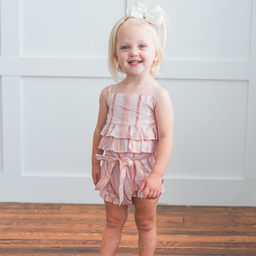 Soft Pink & Copper Lurex Ruffle Top & Shorts Set – 2-Piece Cotton Baby Outfit with Frill Top & Tie Shorts