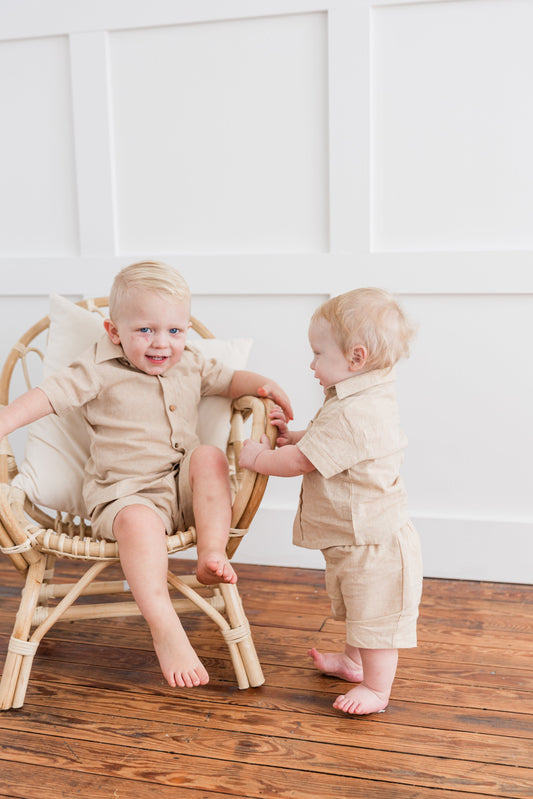 Beige Chambray Boys Shirt & Shorts set Shirt-Shorts Yo Baby India 