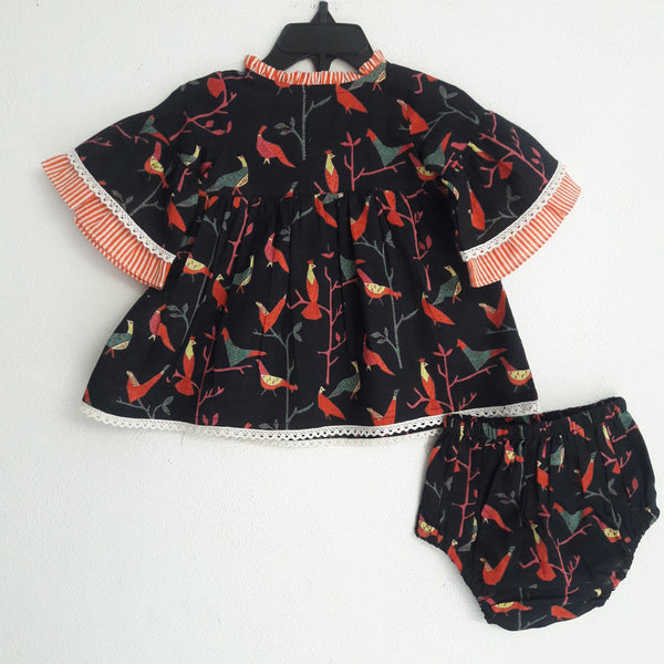 Bell-Sleeves Birds Dress With Matching Diaper Cover Dress Yo Baby Wholesale 